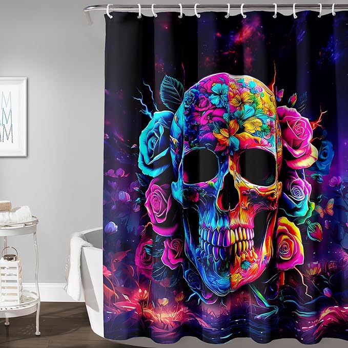 AILONEN Sugar Skull Shower Curtain for Bathroom,Romantic Rose Flower Skull Bath Curtain Decoration,Colorful Skeleton Print Waterproof Purple Curtain with 12 Plastic Hooks, 36" W*72" H