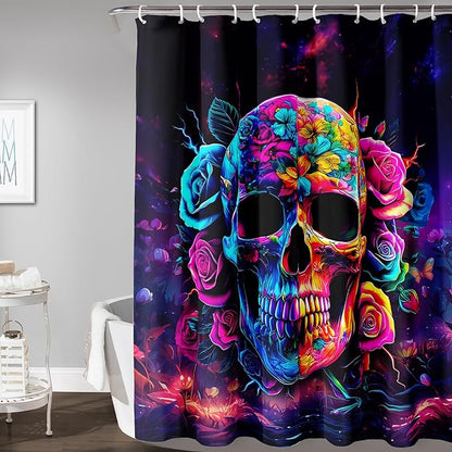 AILONEN Sugar Skull Shower Curtain for Bathroom,Romantic Rose Flower Skull Bath Curtain Decoration,Colorful Skeleton Print Waterproof Purple Curtain with 12 Plastic Hooks, 72" W*78" H