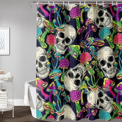 AILONEN Skull Shower Curtain for Bathroom,Mushroom Skull Bath Curtain Decoration,Fantasy Fungus Skeleton Print Waterproof Black Curtain with 12 Plastic Hooks, 72" W*84" H