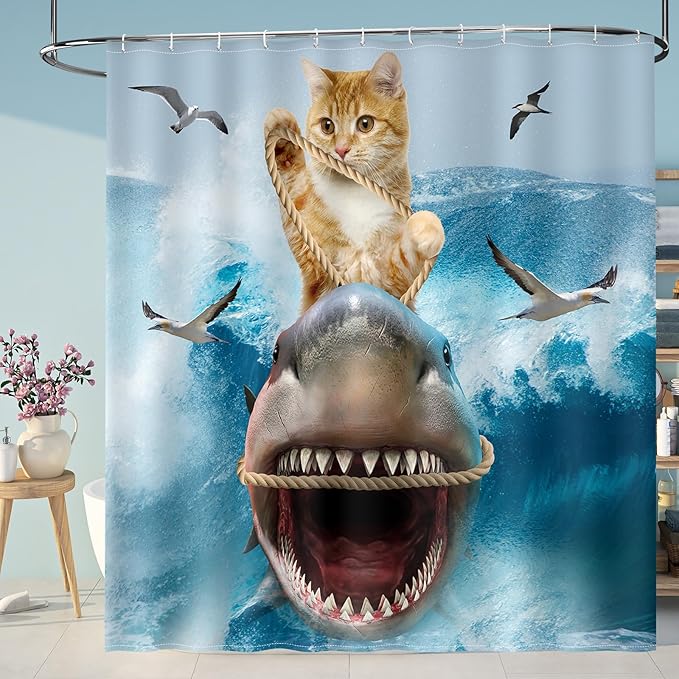Aimego Funny Cat Shower Curtains - Cute Cool Cat Riding Shark Ocean Wave Fun Bath Shower Curtain Set with 12 Hooks for Adults Kids Bathroom Decor Accessories, 72"x72"
