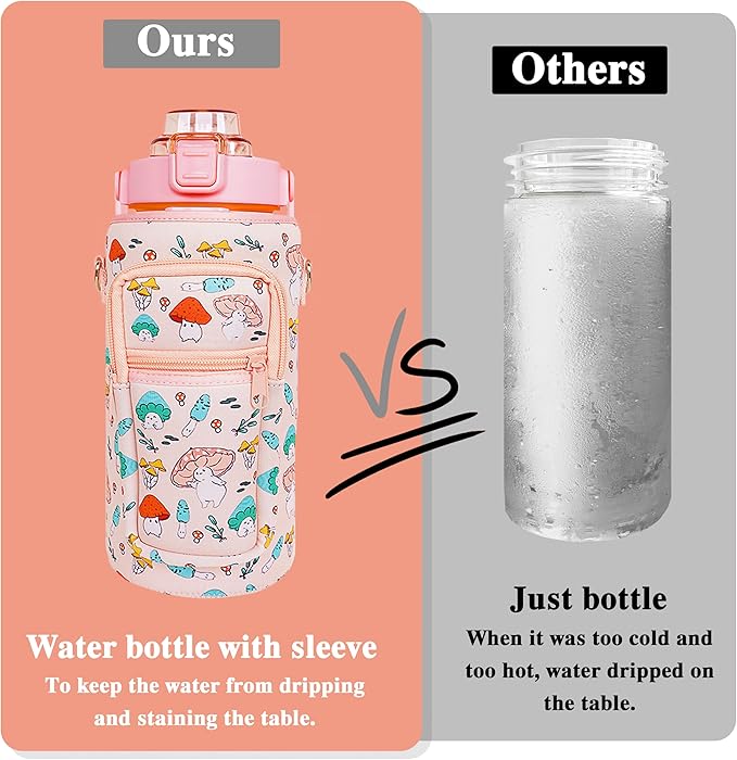 64 oz Water Bottle with Straw Sleeve & Strap Motivational Half Gallon Water Jug with Handle for Gym Women Men Aesthetic Water Bottle with Strap Mushroom Pink