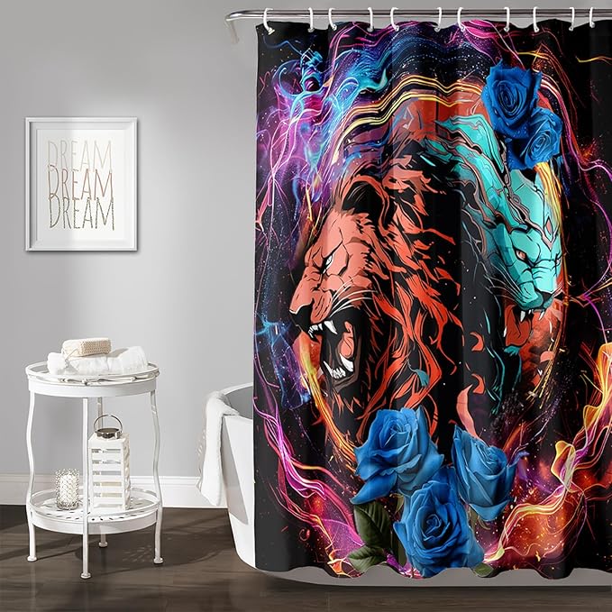 AILONEN Howling Lion Leopard Print Shower Curtain,Cartoon Animal Lion Theme Kids Boys Bath Curtain,Modern Fantasy Colorful Waterproof Decor Shower Curtain, 72" W x 96" H
