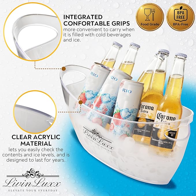 Acrylic Ice Bucket for Parties with Silicone Ice Cube Tray - Clear Champagne Bucket 5.5 Liter - Beverage Tub with Big Square Ice Cubes for Cold Drinks - Holds 3-5 Wine or Champagne bottles