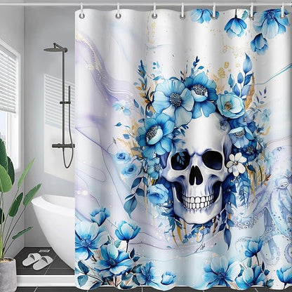 AILONEN Sugar Skull Blue Shower Curtain, Watercolor Floral Skull Octopus Printed Bath Curtain,Bathroom Waterproof Shower Curtain for Boys Girls 60" W x 72" H,with 12 Plastic Hooks