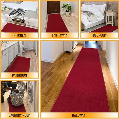 Machine Washable Modern Solid Design Non-Slip Rubberback 2x12 Traditional Runner Rug for Hallway, Kitchen, Bedroom, Living Room, 1'10" x 12', Red