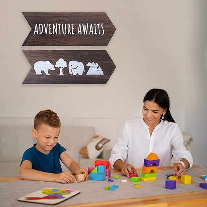Nursery Wall Decor - 2 Pcs Wood Adventure Awaits Sign, Baby Elephant Nursery Decor For Kids Room, Safari Theme Woodland Decorations, Bear Mountain Cabin Wall Decor Art, 14 x 10 inch