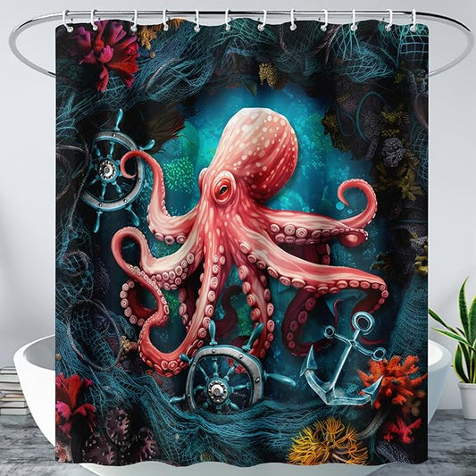 AILONEN Cartoon Red Octopus Shower Curtain for Bathroom,Octopus Tentacles Bath Curtain for Kids,Boys,Girls,Anchor Ocean Animal Theme Waterproof Fabric Shower Curtain Set with Hooks,36" W*72" H