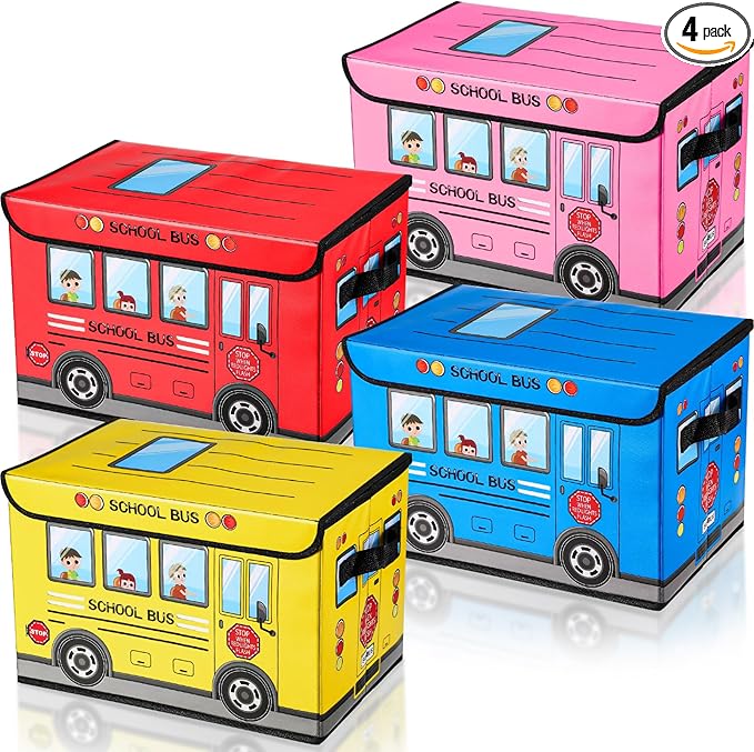 4 Pcs Prize Box for Classroom, School Bus Treasure Box Foldable Chest Storage Box Kids Toy Chest with Lid Treasure Storage Organizer Bin for Teachers Students Awards (Yellow, Pink, Red, Blue)
