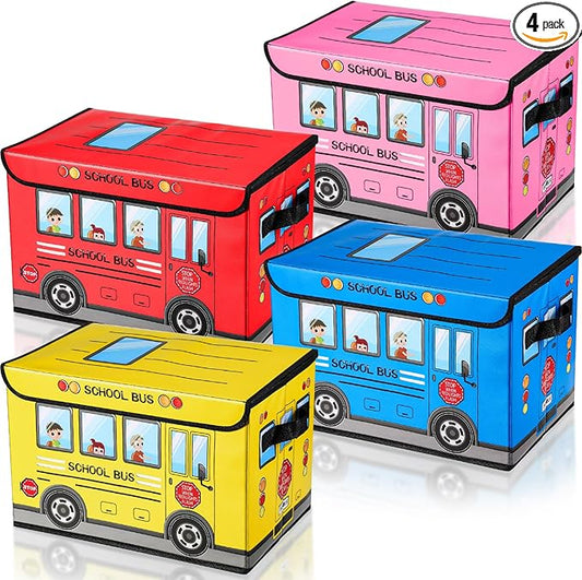 4 Pcs Prize Box for Classroom, School Bus Treasure Box Foldable Chest Storage Box Kids Toy Chest with Lid Treasure Storage Organizer Bin for Teachers Students Awards (Yellow, Pink, Red, Blue)