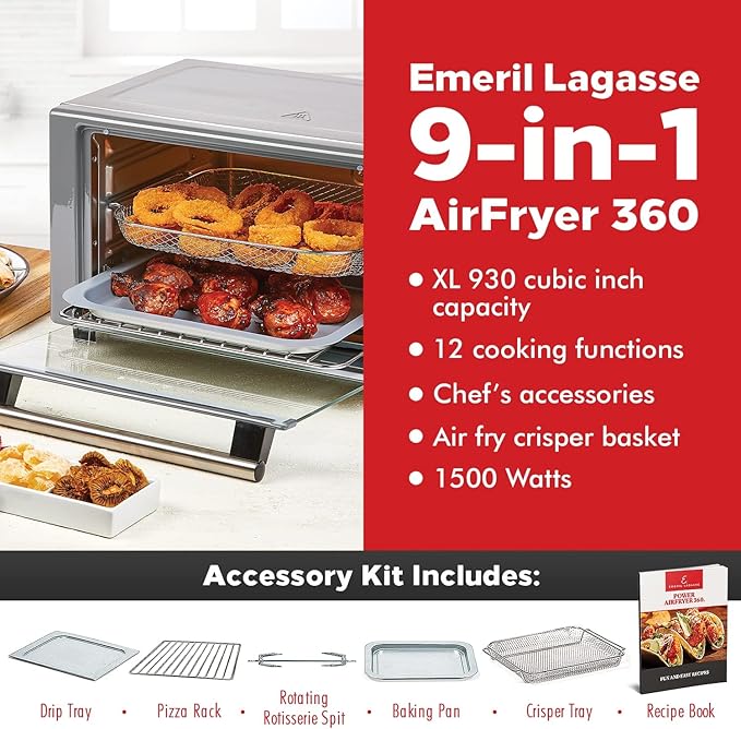 Emeril Lagasse Everyday 360 Air Fryer, 360° Quick Cook Technology, XL capacity,12 Pre-Set Cooking Functions including Bake, Rotisserie. Broil, Pizza, Slow Cook, Toaster and Much More, Stainless Steel