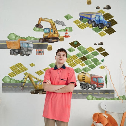 Large Car Wall Decals for Kids by Lipastick - 58 pcs Transports Wall Stickers Peel and Stick Truck Stickers – Construction Cars Wall Decals - Tractor Excavator City Nursery Playroom Wall Décor L Size
