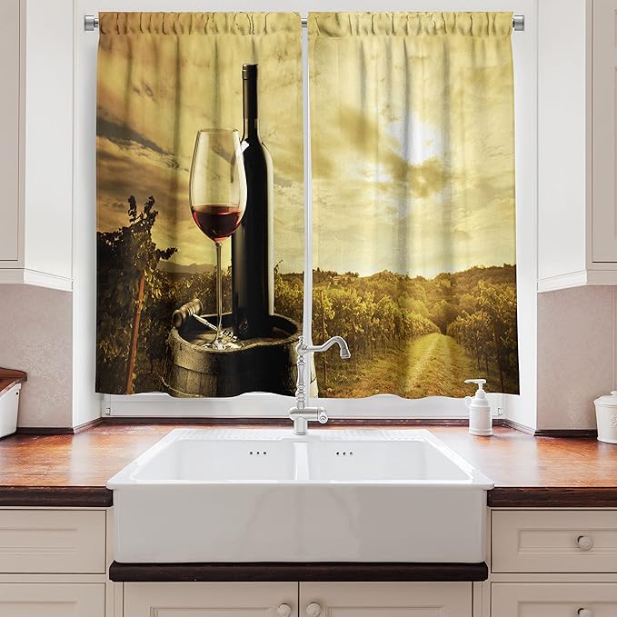 Ambesonne Wine Long Kitchen Curtains, Red Wine Bottle and Glass on Wooden Cask Dramatic Sky Agriculture, Two Panels Drapes with Rod Pocket Room Decor, 55" x 45", Coffee Black