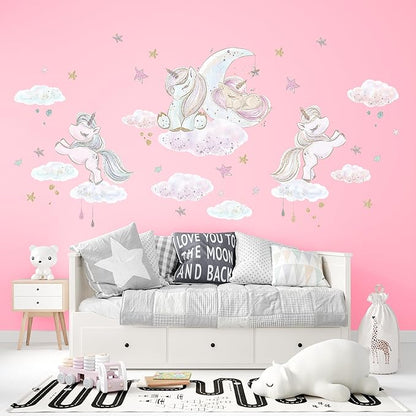 Unicorn Wall Decals for Kids by Lipastick - 126 pcs Unicorn Wall Stickers Peel and Stick - Wall Decals for Girls Kids Baby Nursery Bedroom - Kids Colorful Decals Glittered Moon Stars Clouds M Size
