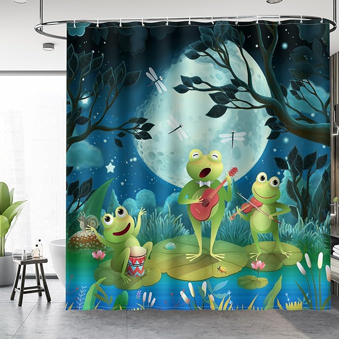 Aimego Long Funny Shower Curtain - Cute Cartoon Frogs Lotus Leaf Floral Pond Moon Fun Fabric Cloth Shower Curtain Set with 12 Hooks for Kids Bathroom Decor Accessories Bathtub Curtain, 72"x78"