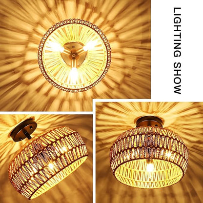 Rattan Light Fixtures Ceiling Mount, 3-Lights Boho Semi Flush Mount Ceiling Light, Farmhouse Woven Ceiling Lighting, Rustic Wicker Chandelier for Hallway Bedroom Kitchen Entryway
