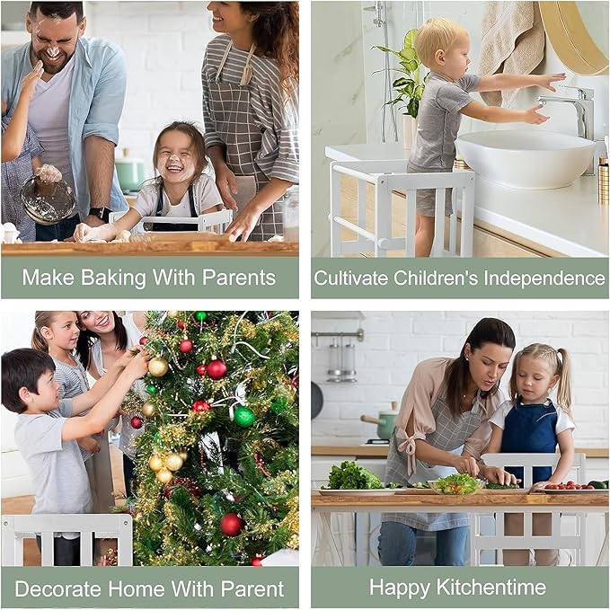 COSYLAND Kids Kitchen Step Stool, Toddler Standing Tower with CPC & FSC Certification, Removable Anti-Drop Railing Safety Rail Enjoys Unique Patented Design A Anti-tip Stable Structure Black & White