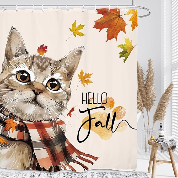 Autumn Funny Shower Curtain 60Wx72L Inch Cute Cat Hello Fall Maple Harvest Pet Seasonal Lovely Thanksgiving Bathroom Set Accessories Decor with 12 Pack Hooks