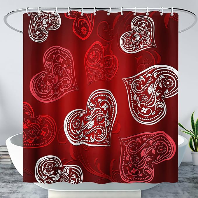 AILONEN Heart Love Shower Curtain for Bathroom, Red and White Floral Hearts Print Bath Curtain,Minimalism Hearts Decoration Shower Curtain Waterproof with 12 Plastic Hooks, 72" W*72" H
