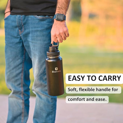 Bluetorra Black Stainless Steel Water Bottle 32 oz Vacuum Insulated, Leakproof Lid Keeps Drinks Cold 24 Hours, Durable - Ideal for Sports, Gym, Outdoor Activities Stay Hydrated water bottle