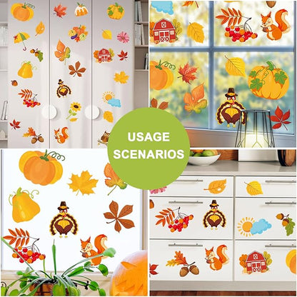 Fall Window Clings Autumn Maple Leaf Window Static Stickers Double-Sided Leaves Pumpkin Turkey Window Door Cling Removable Reusable Window Stickers Thanksgiving Party Window Door Decor