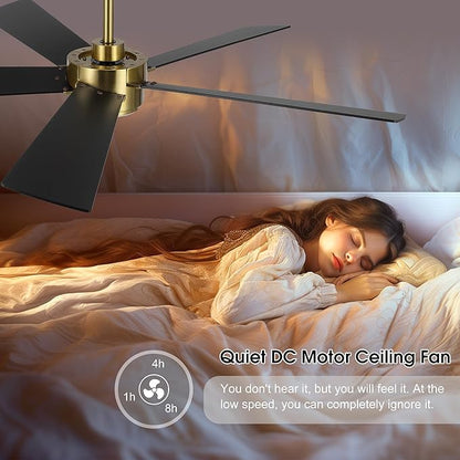 54" Ceiling Fan with Light and Remote Control, Modern Dimmable LED Light, 6-Speed Noiseless Reversible DC Motor, 5 Plywood Ceiling Fan for Kitchen Bedroom Living Room Black/Gold