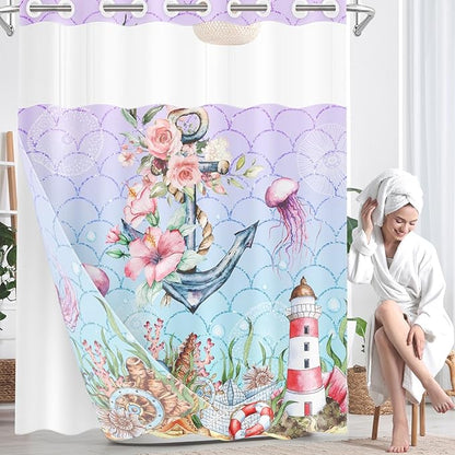 Anchor Beach Nautical No Hook Shower Curtain with Snap in Liner, Mermaid Pink Floral Coral Bath Curtain with Double Layers Waterproof Fabric and Mesh Top Window 71x74 Inch