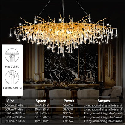 63in Modern Chandeliers, Tree Branch Chandelier Raindrop Crystal Pendant Light Fixtures, Gold Finish Chandeliers Light for Dining Room, Entryway, Living Room, 15-Light