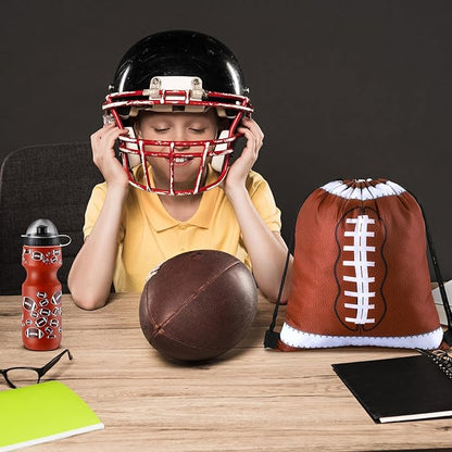 24 Pcs 24 oz Football Water Bottle Bulk and Drawstring Bag Set 12 Reusable Plastic Biking Water Bottle Tumbler 12 Sport Gym Goodie Gift Bag for Party Favor (Brown)