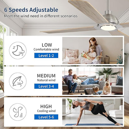 WINGBO 56 Inch DC Ceiling Fan with Lights and Remote, 4 Solid Wood Blades, 3CCT, 6-Speeds Reversible DC Motor, Modern Ceiling Fan for Bedroom Living Room Kitchen, Brushed Nickel and Oak