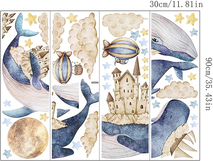 Removable Vinyl Whale Wall Decal Sea Life Wall Sticker Decor Nursery Kidsroom School Classroom Livingroom Bedroom Bathroom Coastal Ocean Fish Murals Decals