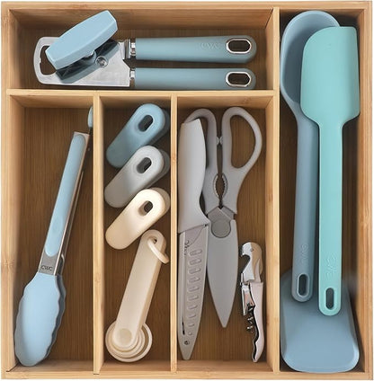 COOK WITH COLOR Bamboo Kitchen Utensil Set with Drawer Organizer | Cooking Tools and Storage Caddy, Blue, 18 Piece Gadget Set