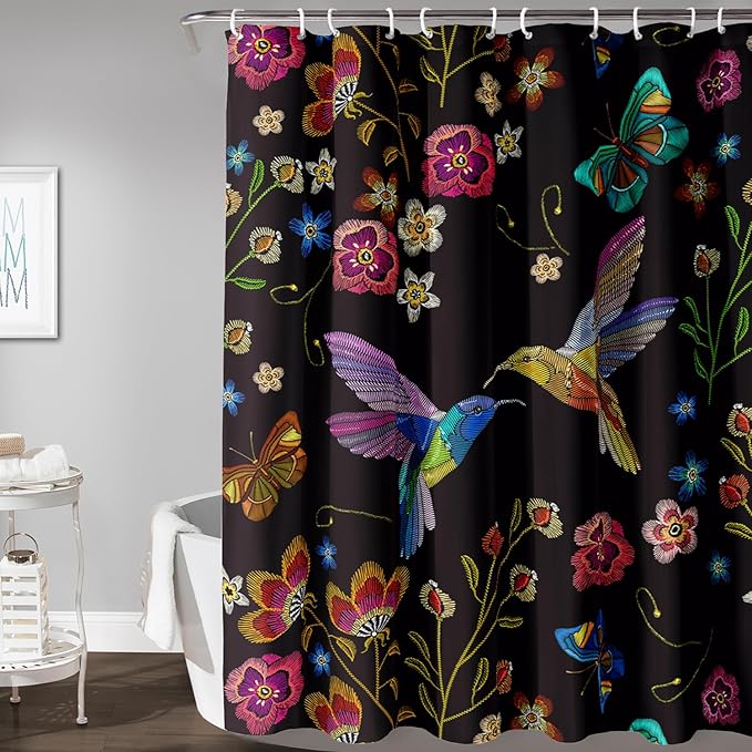 AILONEN Retro Hummingbird Shower Curtain,Wild Floral Flower Bathroom Decor with 12 Plastic Hooks,Bird Butterfly Vintage Black Curtains,Modern Bedroom Decor Gifts for Girls Teen Adult 72" W*96" H