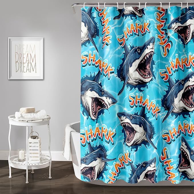 AILONEN Blue Shark Shower Curtain,Scream Shark Bath Curtain Gifts for Kids,Ocean Animal Polyester Waterproof with 12 Plastic Hooks, 72" W*96" H Blue