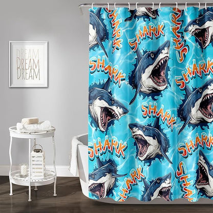 AILONEN Blue Shark Shower Curtain,Scream Shark Bath Curtain Gifts for Kids,Ocean Animal Polyester Waterproof with 12 Plastic Hooks, 72" W*96" H Blue