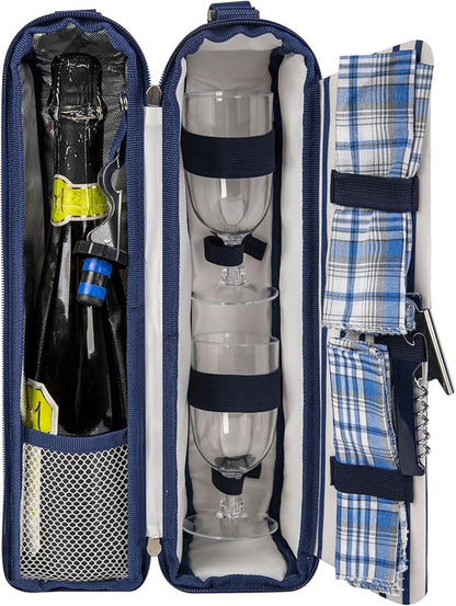 ALLCAMP Wine Tote Bag with Cooler Compartment，Picnic Set Carrying Two Sets of Tableware（Blue Stripe）