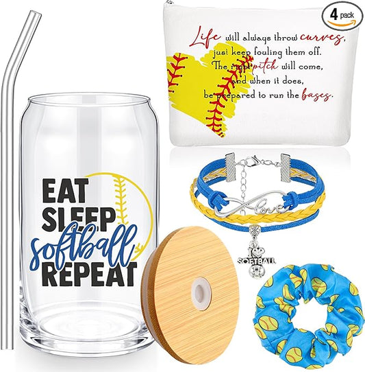4 Pcs Softball Gifts Softball Glass Cup 16oz Softball Water Bottles Inspirational Softball Theme Makeup Bag Softball Bracelet Elastic Softball Scrunchies Softball Accessories for Girls Back to School