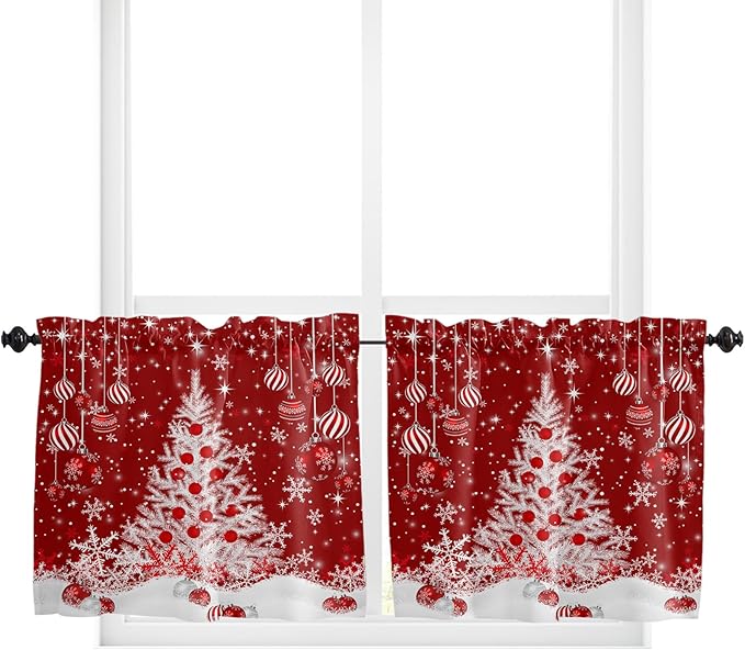 Red Christmas Kitchen Curtains and Valances Set, White Xmas Tree Snowflakes Red Balls Windows Treatments Tiers Half/Short Curtains for Small Windows Cafe /Living Room/ Bedroom 54x36 in Winter