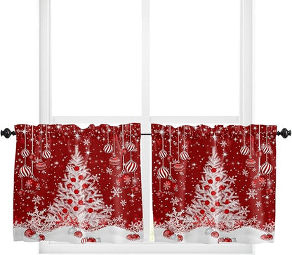 Red Christmas Kitchen Curtains and Valances Set, White Xmas Tree Snowflakes Red Balls Windows Treatments Tiers Half/Short Curtains for Small Windows Cafe /Living Room/ Bedroom 54x36 in Winter
