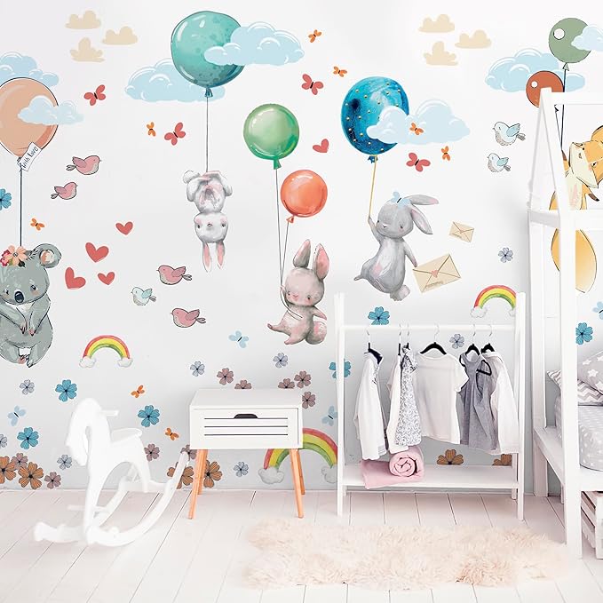 Hot Air Balloon Wall Decals for Kids by Lipastick –Cartoon Animals Wall Decals for Girls Boys Kids Baby - Animal Wall Stickers for Nursery Room Bedroom - Raccoon Fox Koala Panda S Size