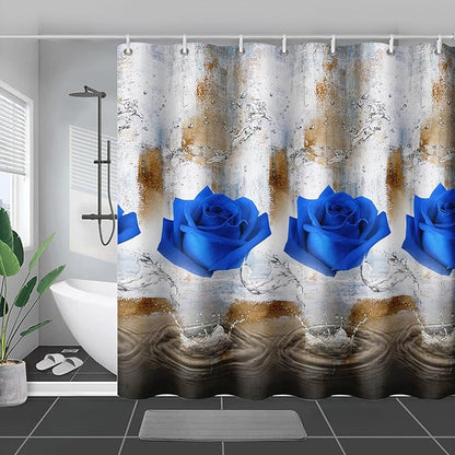 AILONEN Blue Rose Shower Curtain for Girls 3D Rose Water Droplet Retro Bathroom Decor,Modern Rose Flower Couple Lover Women Bath Curtain 60" W*72" H Polyester Waterproof Bathroom Curtain with Hooks