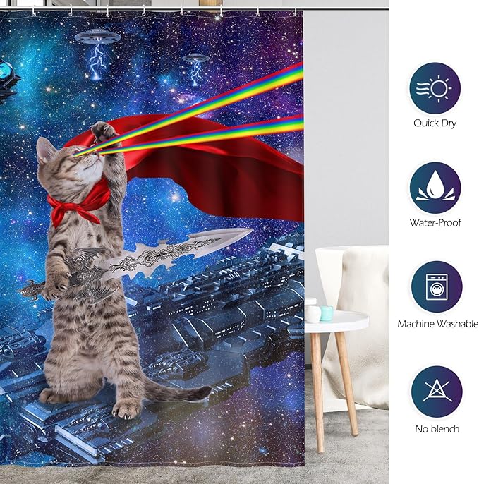 Aimego Long Funny Shower Curtain - Cute Cool Cat on Fantasy Outer Space Galaxy Universe UFO Fun Fabric Cloth Shower Curtain Set with 12 Hooks for Bathroom Decor Accessories Bathtub Curtain, 72"x78"