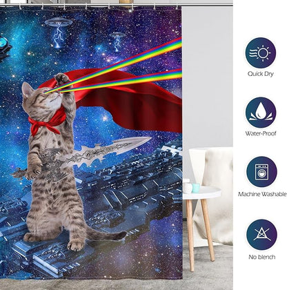 Aimego Extra Long Shower Curtain - Funny Cute Cool Cat on Fantasy Outer Space Galaxy Universe UFO Fabric Cloth Shower Curtain Set with 12 Hooks Bathroom Decor Accessories Bathtub Curtain, 72"x84"