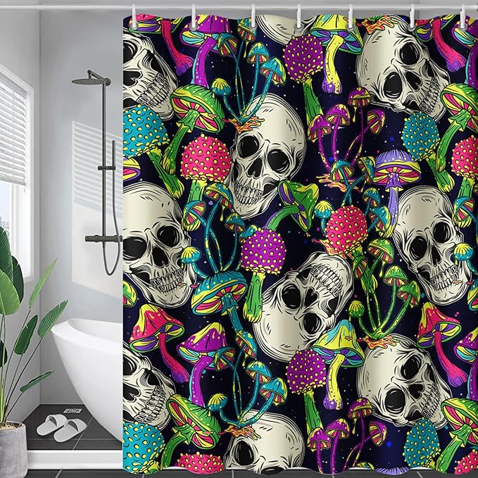 AILONEN Skull Shower Curtain for Bathroom,Mushroom Skull Bath Curtain Decoration,Fantasy Fungus Skeleton Print Waterproof Black Curtain with 12 Plastic Hooks, 72" W*96" H
