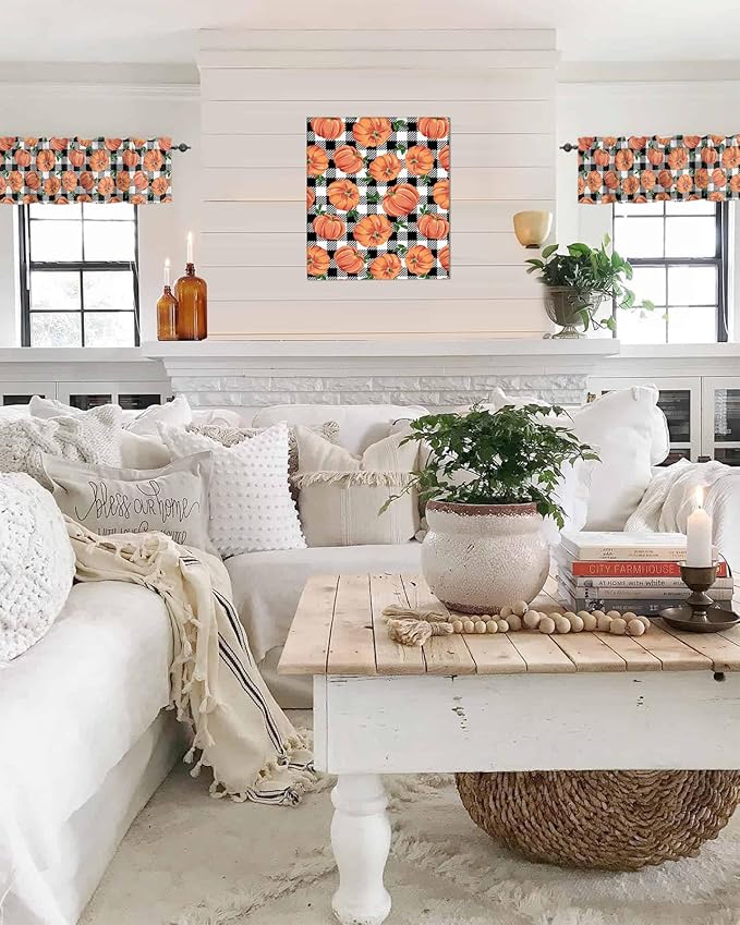 Fall Kitchen Curtains Valances for Windows Thanksgiving Halloween Pumpkins Rod Pocket Window Treatment for Kitchen /Living Room/Bedroom/ Bathroom,42" X 18"-1 Panel, Farmhouse Black White Buffalo Plaid