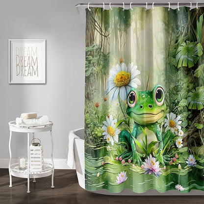 AILONEN Cartoon Frog Shower Curtain,Green Frog with Daisy Bath Curtain Set for Kids Boys Girls,Tropical Amphibian Waterproof Fabric Shower Curtain,Nature Shower Curtain for Bathroom,72" W*72" H