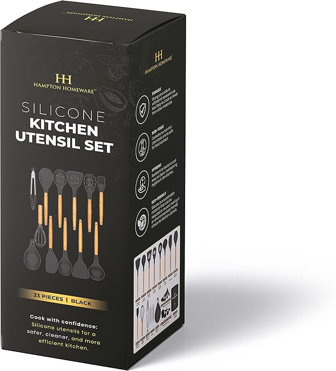 Kitchen Utensils Set, 33 pcs Non-Stick Silicone Cooking Utensils Set, Heat-Resistant Silicone, Wooden Utensils for Cooking, Kitchen Gadgets Spatula Set, Apartment Essentials Kitchen Set (Black)