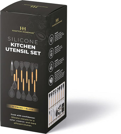 Kitchen Utensils Set, 33 pcs Non-Stick Silicone Cooking Utensils Set, Heat-Resistant Silicone, Wooden Utensils for Cooking, Kitchen Gadgets Spatula Set, Apartment Essentials Kitchen Set (Black)