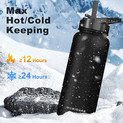 40oz Insulated Water Bottle with 3 Lids(Straw, Hand and Spout Lid), Double Vacuum Stainless Steel Metal Water Flask(BPA-free, CPC) for Sports, Camping, Hiking, Cycling, Fitness and more(Black)