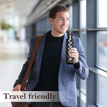 Eunoia Copper Water Bottle with Lid 32 oz, Handmade Ayurvedic Copper Bottle Water Vessel, Gym Water Bottle for Sports Exercise Yoga Fitness, Diamond Antique