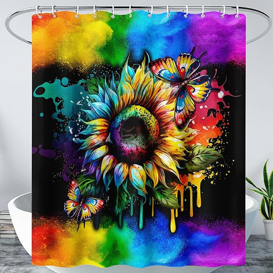 AILONEN Sunflower Shower Curtain, Watercolor Flower Rainbow Decoration,Polyester Fabric,Waterproof with 12 Plastic Hooks Shower Curtains Washable, 36" W x 72" H